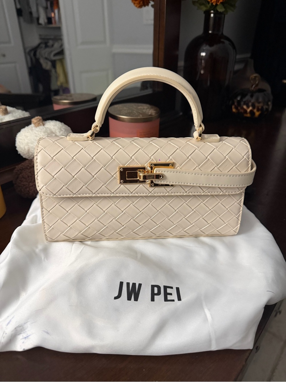 JW PEI Cream Woven Top Handle purse with Gold Hardware